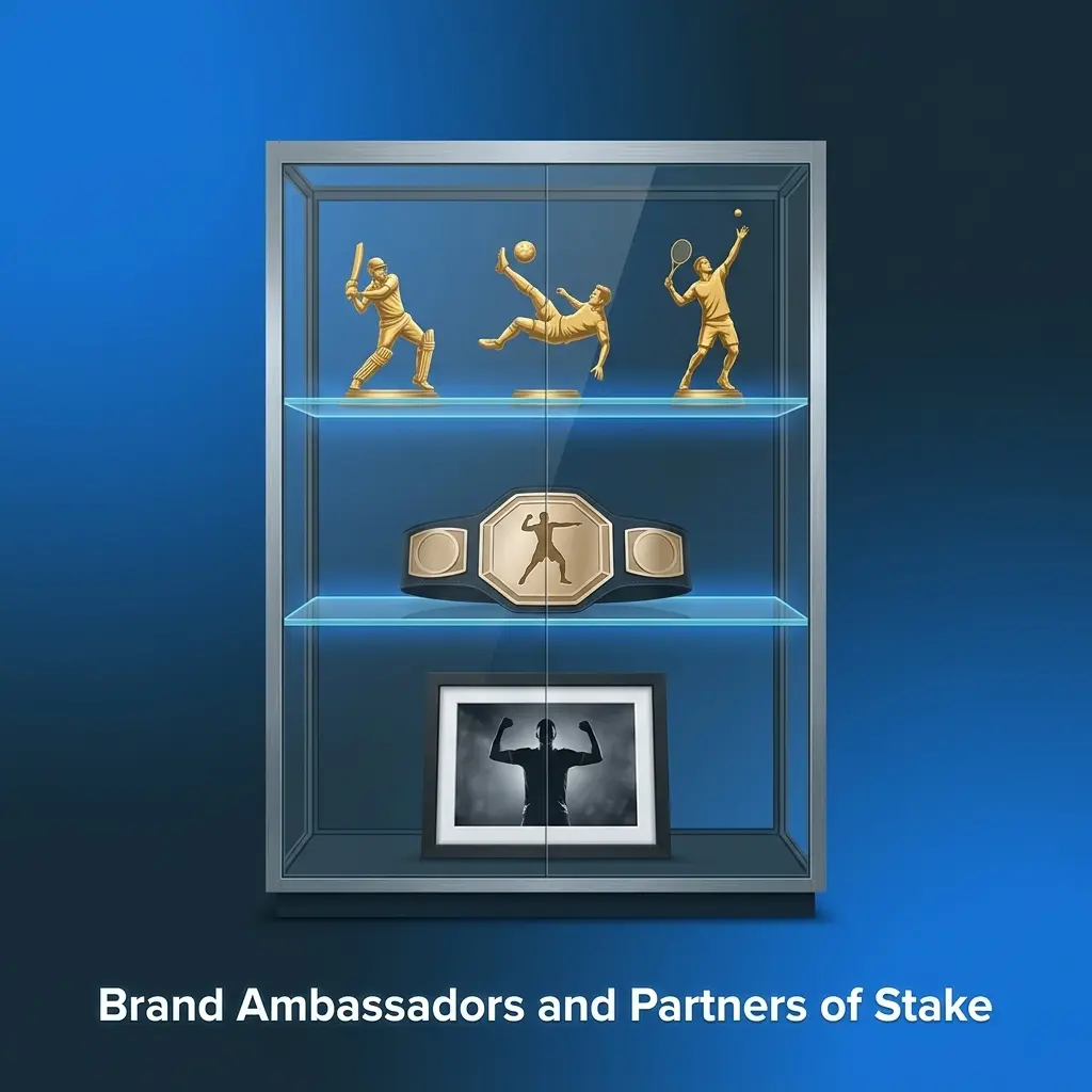 Stake brand ambassadors and partners including Drake, UFC, Everton FC, Watford FC, and Alfa Romeo F1 Team