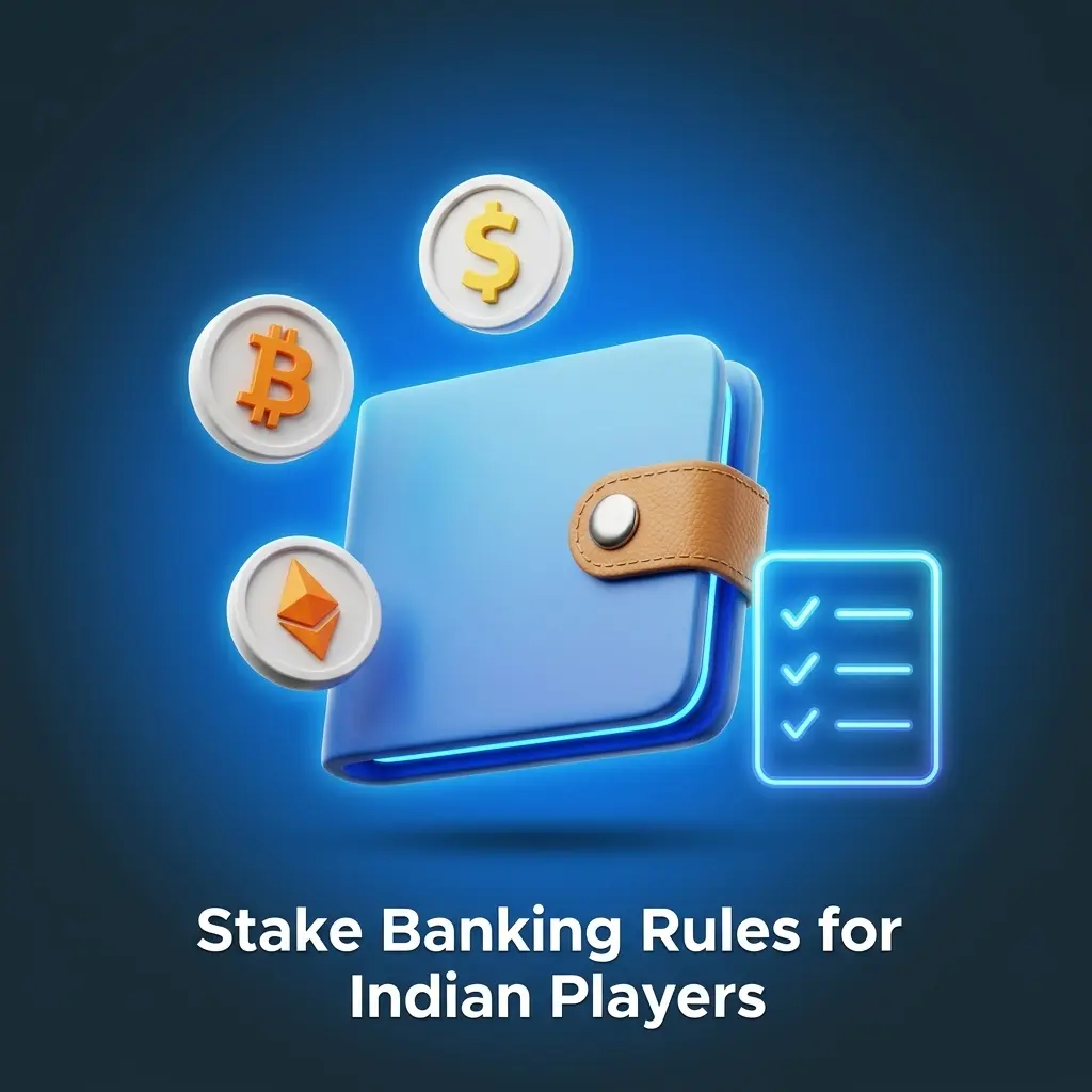 Stake banking rules for Indian players showing KYC, transaction limits, processing times, and bonus wagering policies