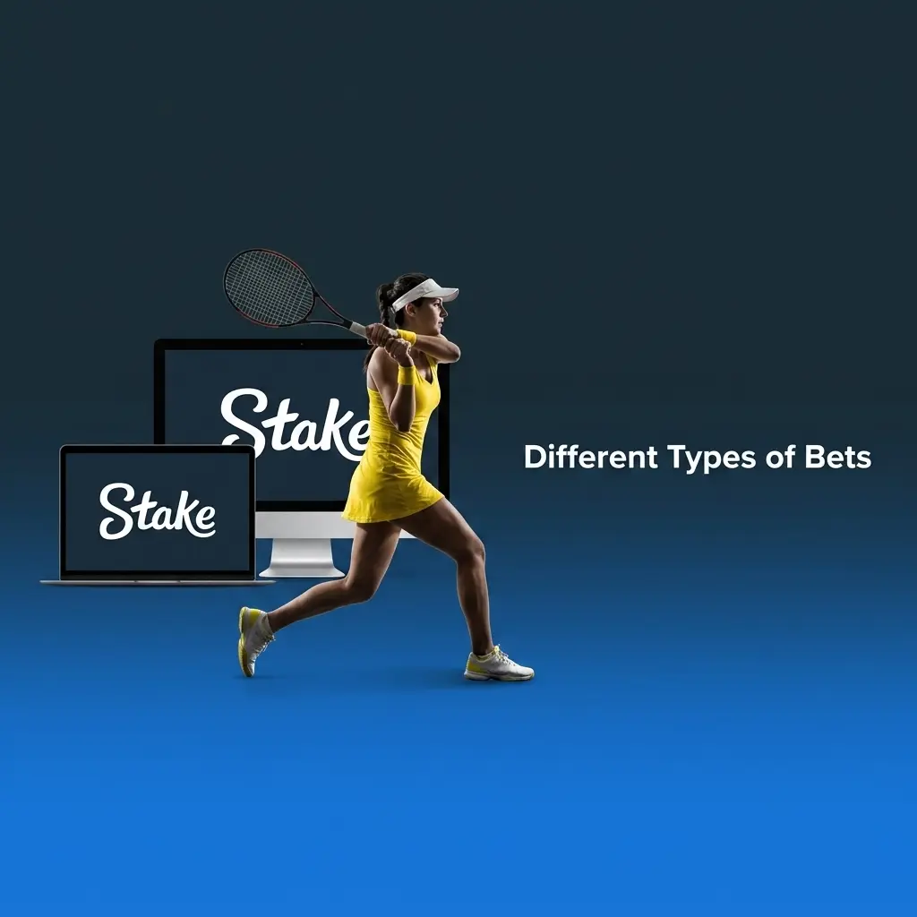 Diagram showing single bet, accumulator parlay, and system bet types with descriptions for Stake sports betting