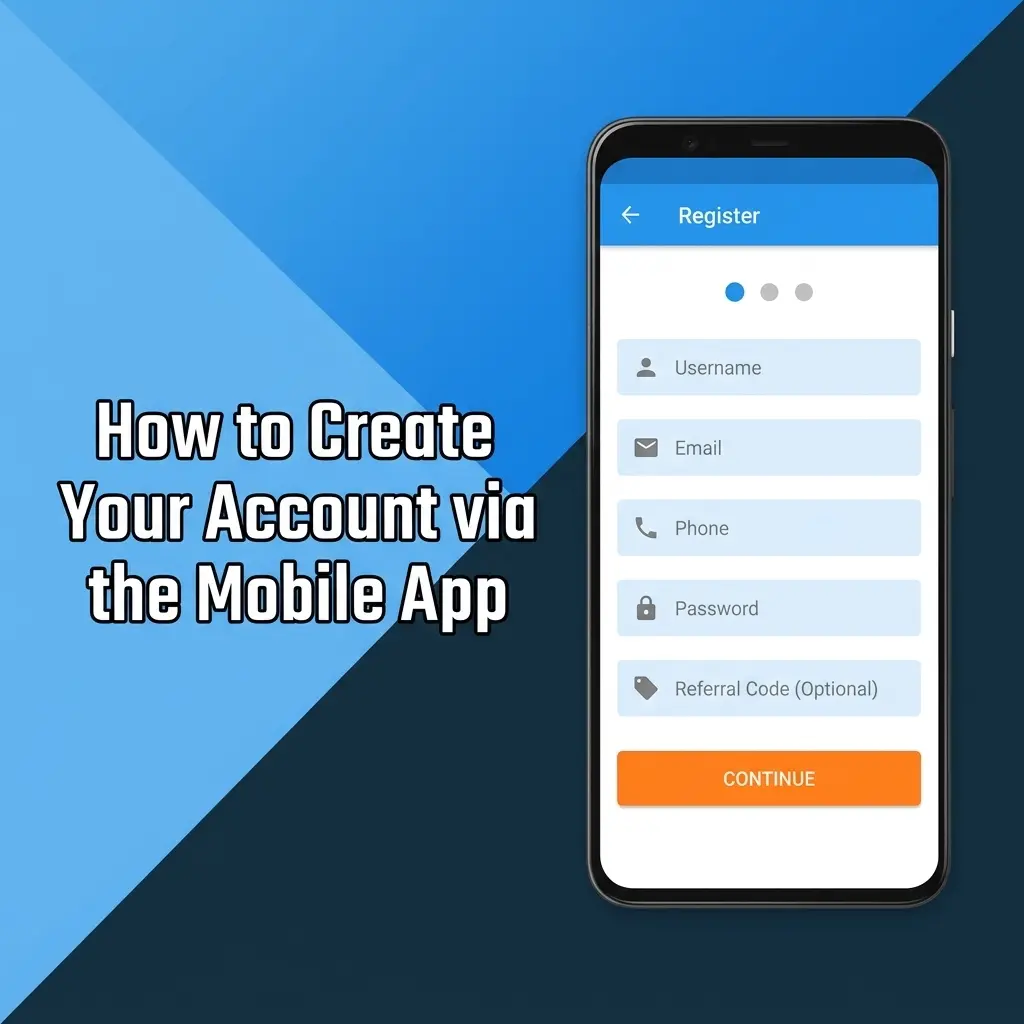 Stake app account registration steps showing mobile sign-up form with email, phone, and social media options