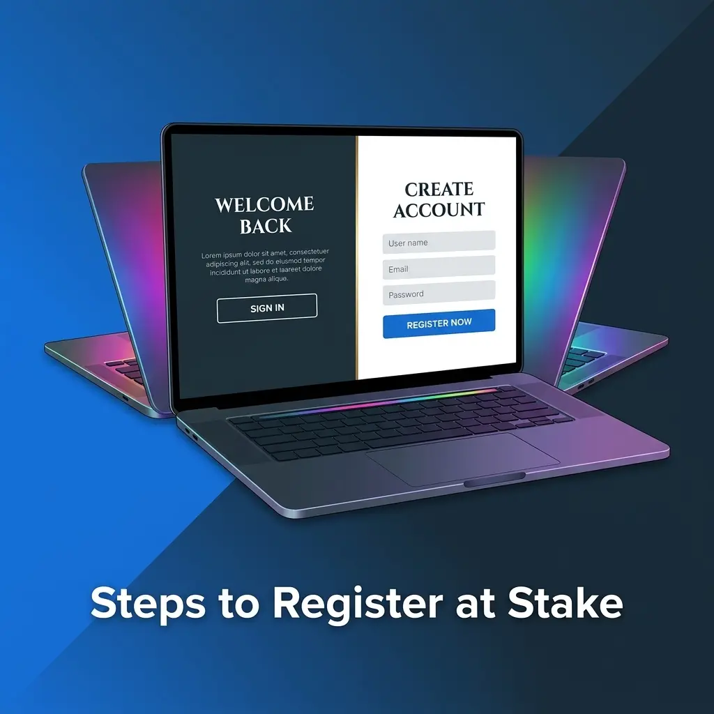Step-by-step Stake registration guide showing sign-up form, email verification, and deposit options for Indian players