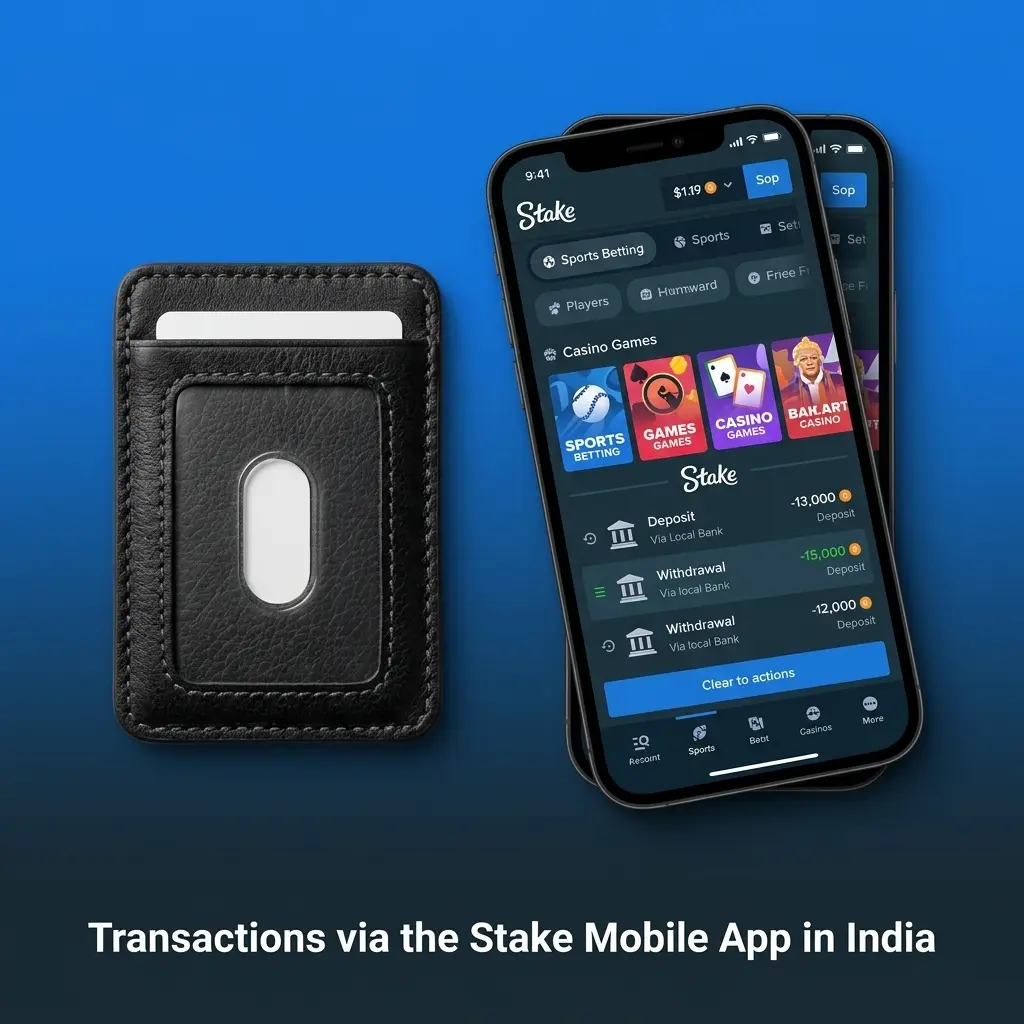Stake mobile app cashier showing UPI, GPay, and crypto deposit and withdrawal options for Indian players
